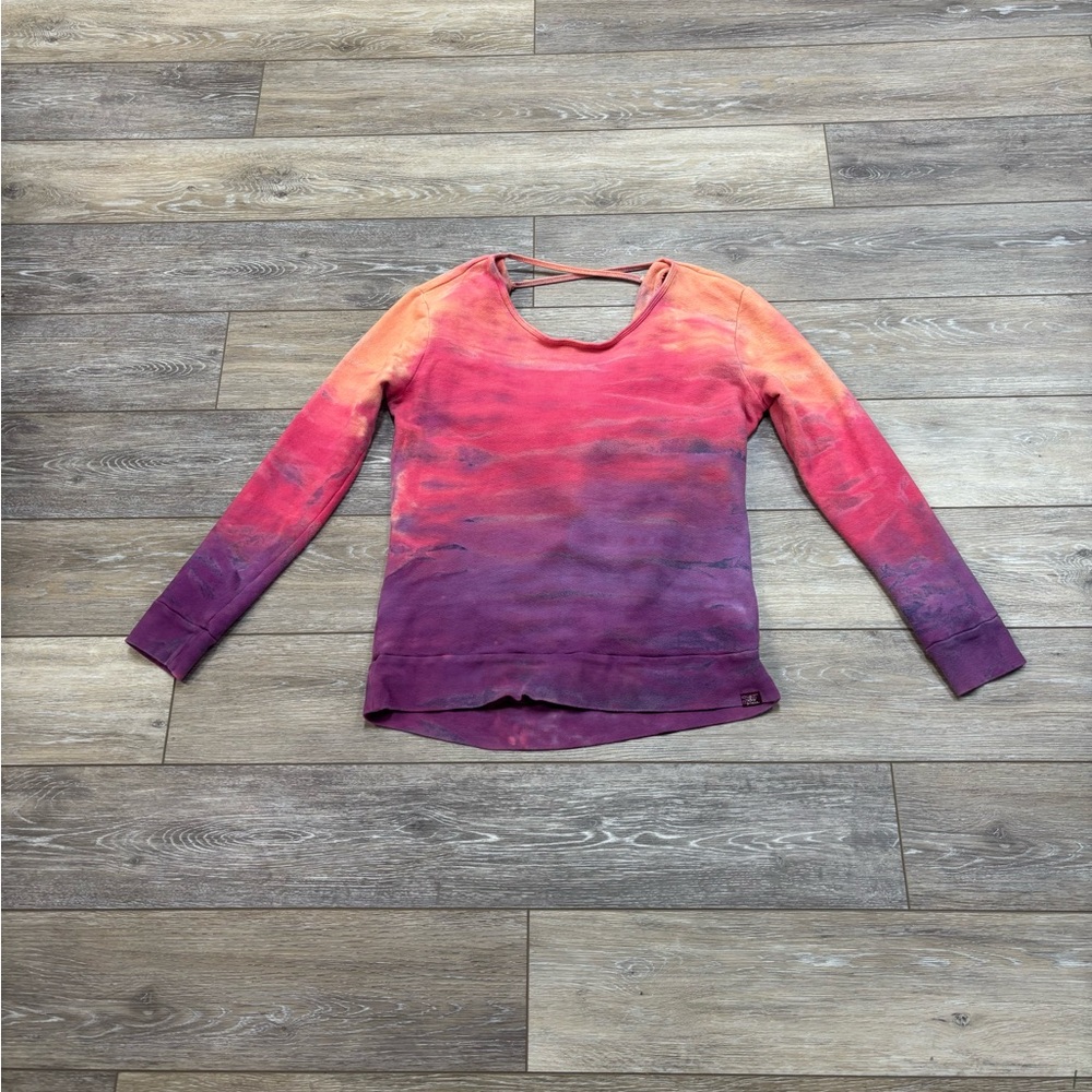prAna DeeLite Sweatshirt Sz S Ombré Tie Dye Draped Back Workout Yoga Lounge Gym